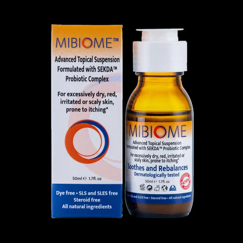 Image of the bottle and box of the MiBiome 50ml topical solution